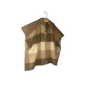 Quilted Hooded Plaid Vest Poncho Brown Beige Cream Zip Front Oversized